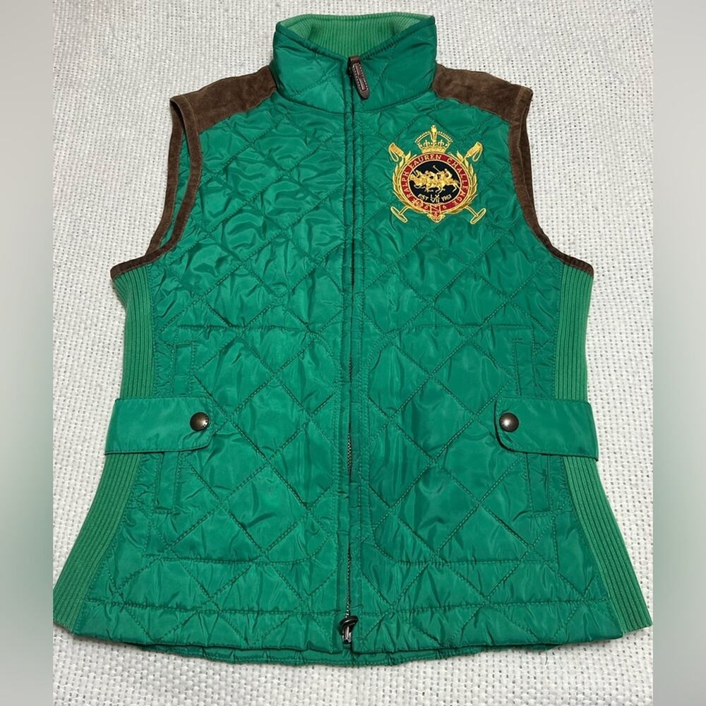 Ralph Lauren Polo Quilted Puffer Vest Green Crest Logo Women’s Small Leather